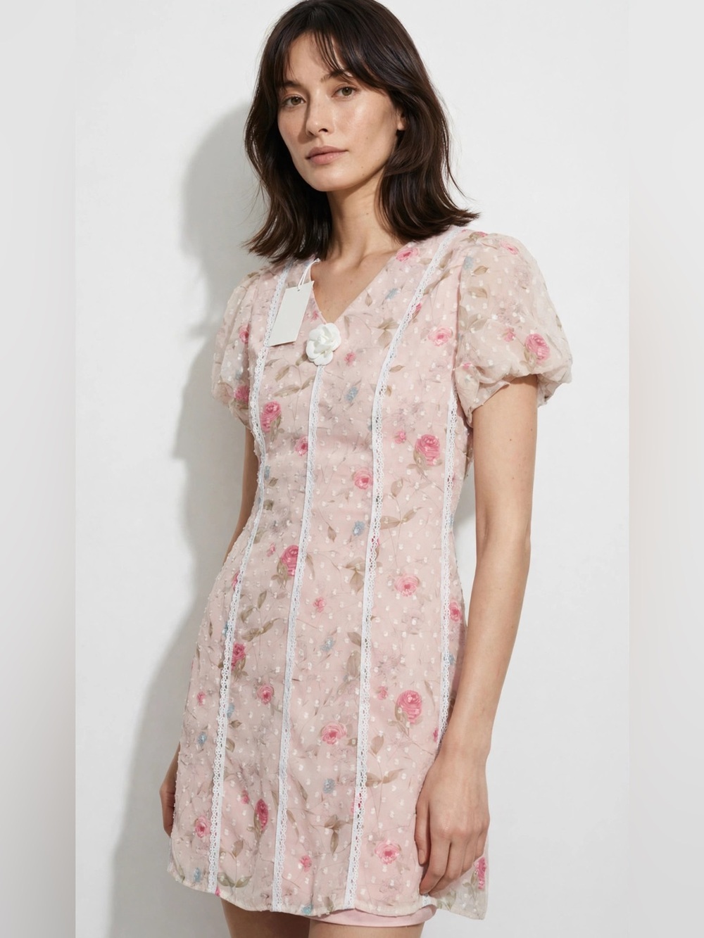 Inspired Sheer Pink Floral Lace-Trim Dress